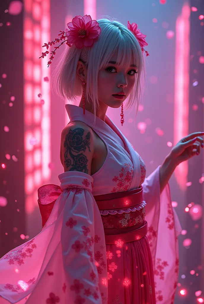 dazzling cherry blossom petals in halation pink light、 are dancing、Please take a full-body picture of a beautiful Japanese girl who looks like a shrine maiden costume combined with a gothic。the base of the costume is embroidered with fluorescent pink cherr...