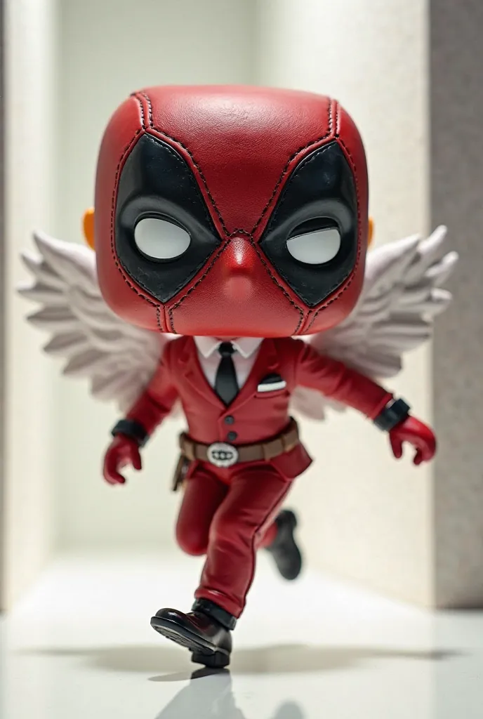 A stylized Funko Pop doll, inspired by a character wearing a mask similar to that of Deadpool, covering the entire face with leather texture and detailed stitching, but with a refined and expressive design on the head, highlighting the typical caricature f...