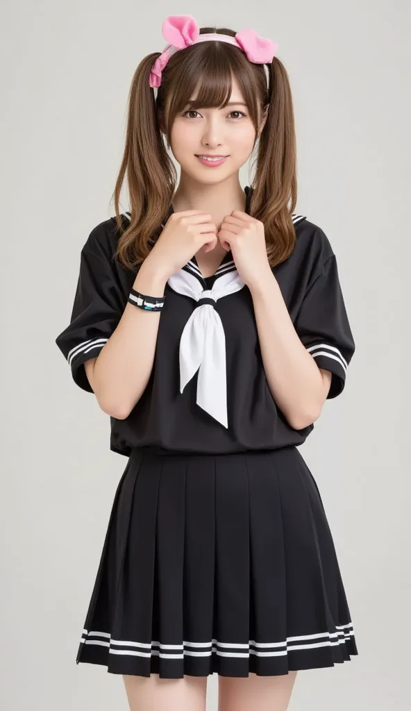  Silky Smooth Hair 、Blonde and long dark two-tone hair、 Super Long Hair 、flowing bangs、 hairstyle is straight、long hair that reaches the chest、black sailor suit、miniskirt、 bunny ear headband 、twin tails

