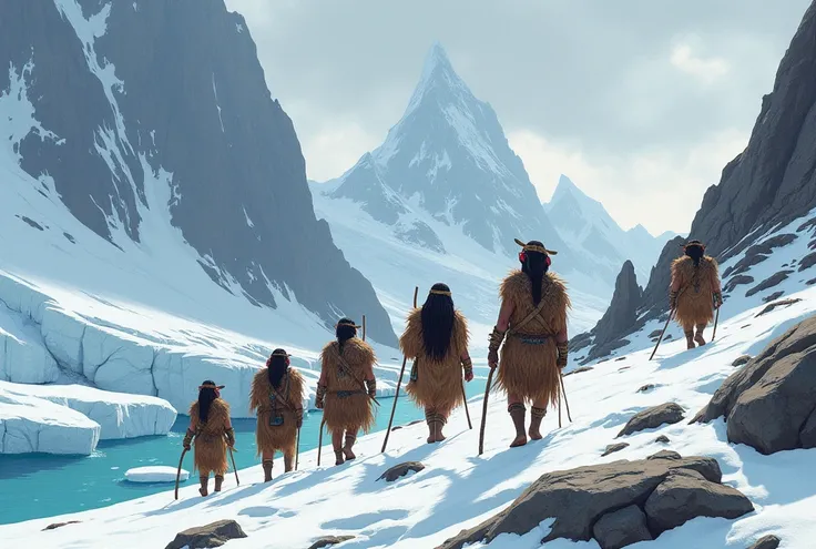 Make an illustrative image drawn in 2D of the first band of wild Homo sapiens migrating to American women across icy mountains