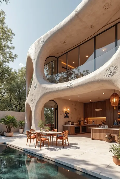 Futuristic , diner room   ,use  CLAY ADHESIVE on  facades. The design includes  decorative printed design and circle facade stylish leading to a decorative living room. The architectural style is contemporary with unique design elements. precise architectu...