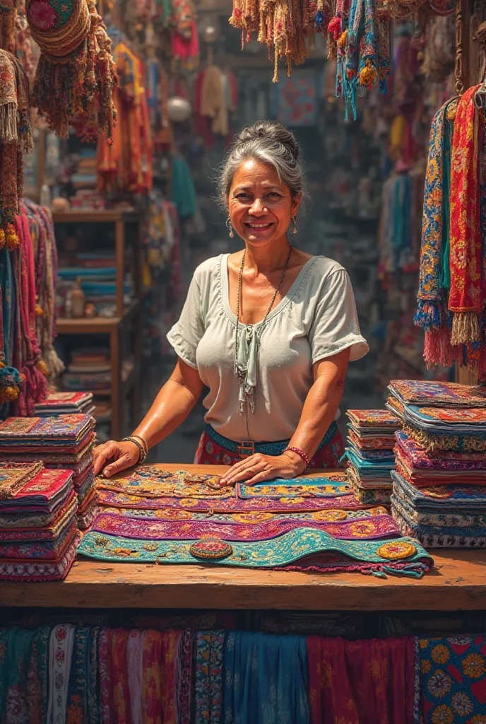 Give me an image of a woman selling Colombian girdles in a store 