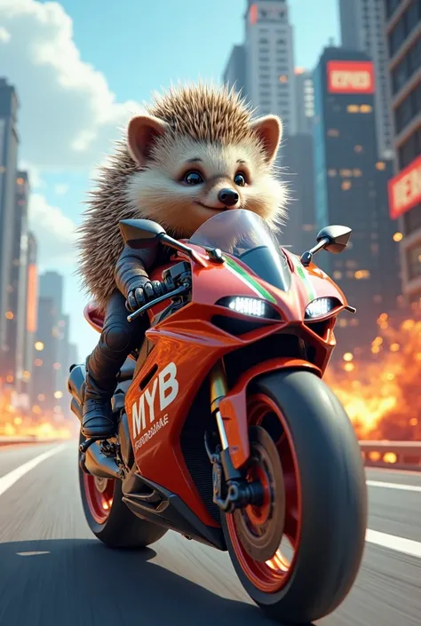 Hedgehog animal riding a sports bike with a MYB acronym in 3D