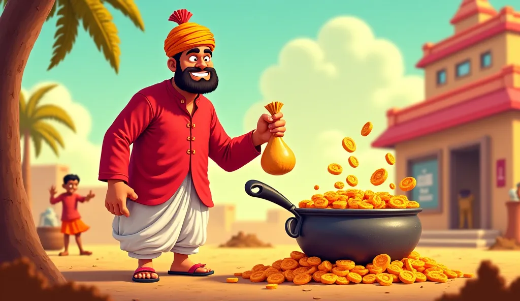 Thumbnail AI Prompt (16:9, No Text):

"Create a bright, cartoon-style YouTube thumbnail of a greedy sweet seller (halwai) in a red kurta and white dhoti, frying jalebis in a large kadhai. He has a mischievous grin while holding a bag of gold coins. In fron...