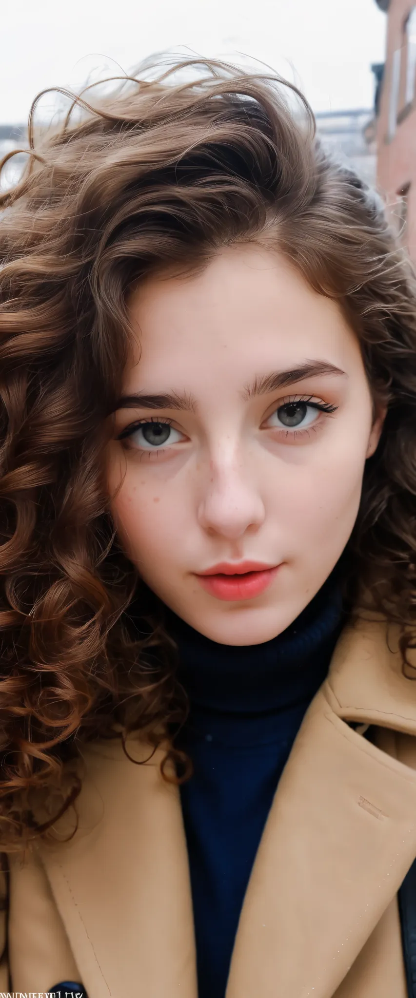 (indistinguishable from reality:1.4), 1girl, selfie, An half portrait of a beautiful 25 y.o New York Italian college student, (detailed facial features), (freckles:0.2), (acne:0.1), long thick luxurious curly hair, beautiful Jewish nose, shy smile, walking...