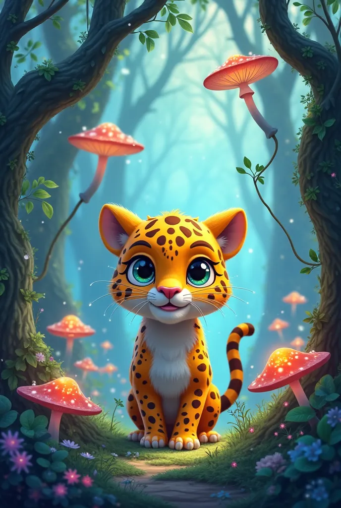 A jaguar cartoon in a magical forest for the public  