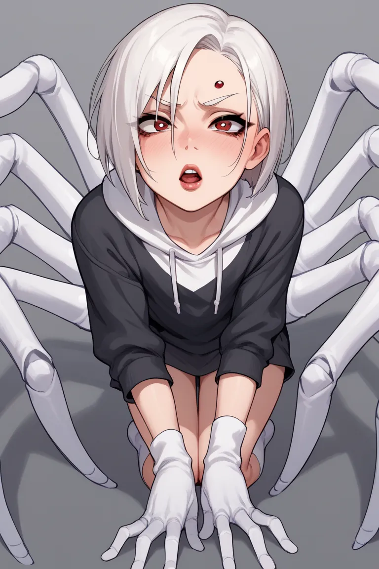 white-haired androgynous boy,  spider body, arachne body, white arachne body, 6 legs, perfect anatomy, short hair, attacking the camera, spider legs atack, cocky personality, pov, seeing from above
