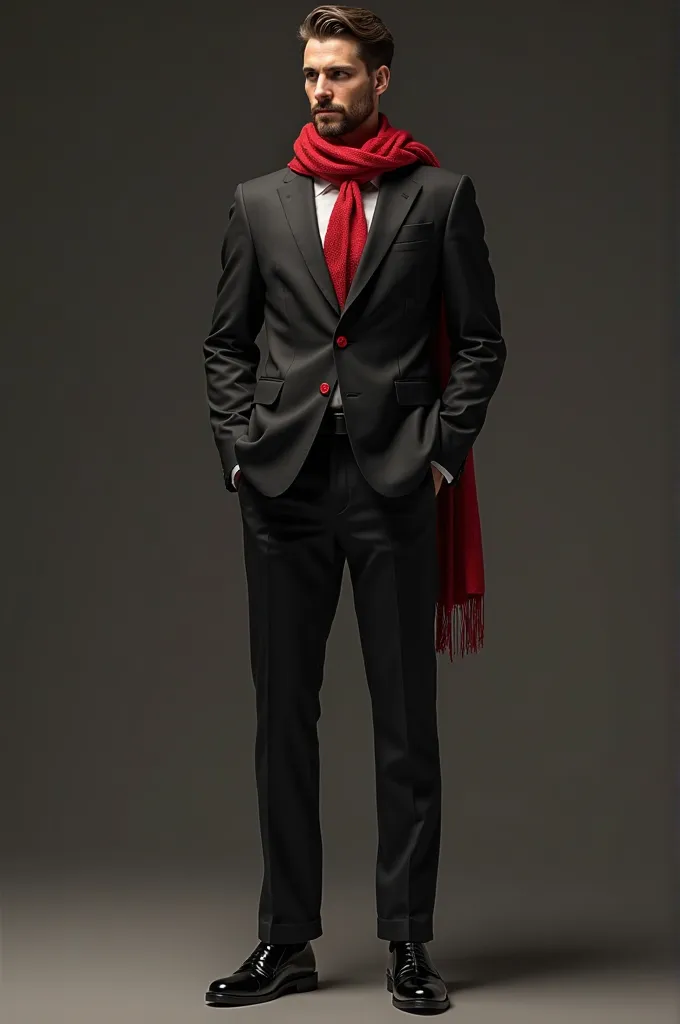 man in black suit, red michi tie and red scarf, black shoes and black strap