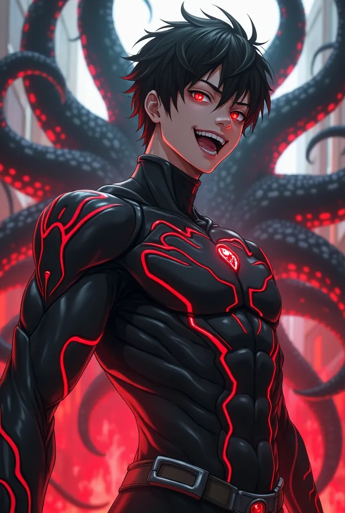 Bloodeyed anime male warrior in a tight combat suit with red glowing details，Young and handsome， strong body ，Portrait close-up，laughing out loud，Twelve giant black tentacles grew from behind him，Horror atmosphere