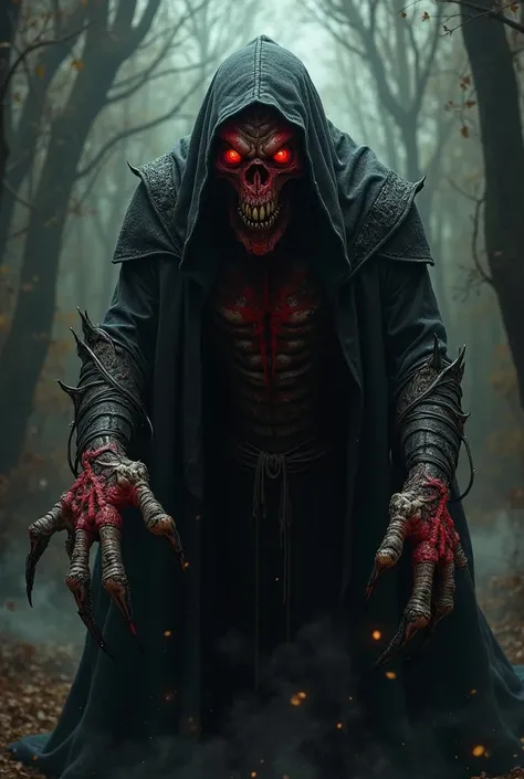 A monster-like person in the color black with red details