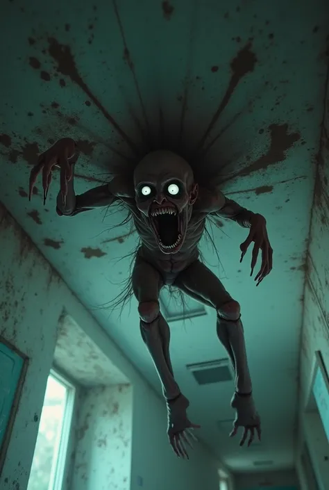 "Deformed humanoid shadow with broken limbs crawling on hospital ceiling, glowing white eyes, mouth stretched into a grin, distorted joints, black mold on walls, dramatic low-angle shot, horror movie style, 4k resolution."