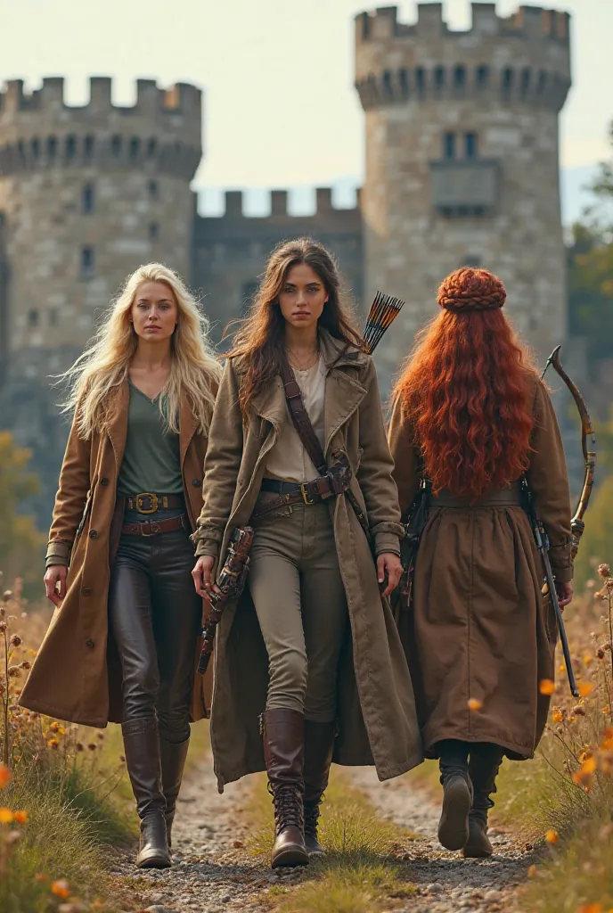 A blonde in spy clothes, a braided brown-haired brunette holding a bow and arrow and hunting suit, One with very beautiful crimped and wavy red hair, The three of them are walking and behind is a medieval castle