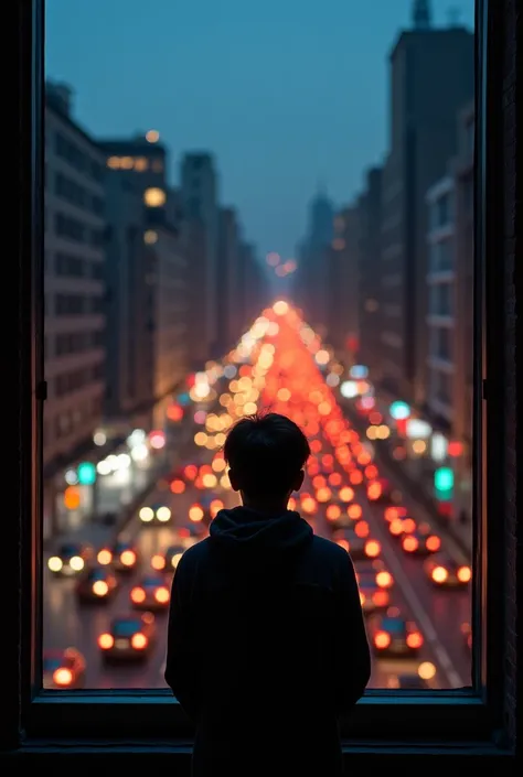 A person watching a bustling city from the balcony of a building, but instead of cars and ordinary people, the lights form images of memories from the past, creating a contrast between the life that follows and the memories that remain.