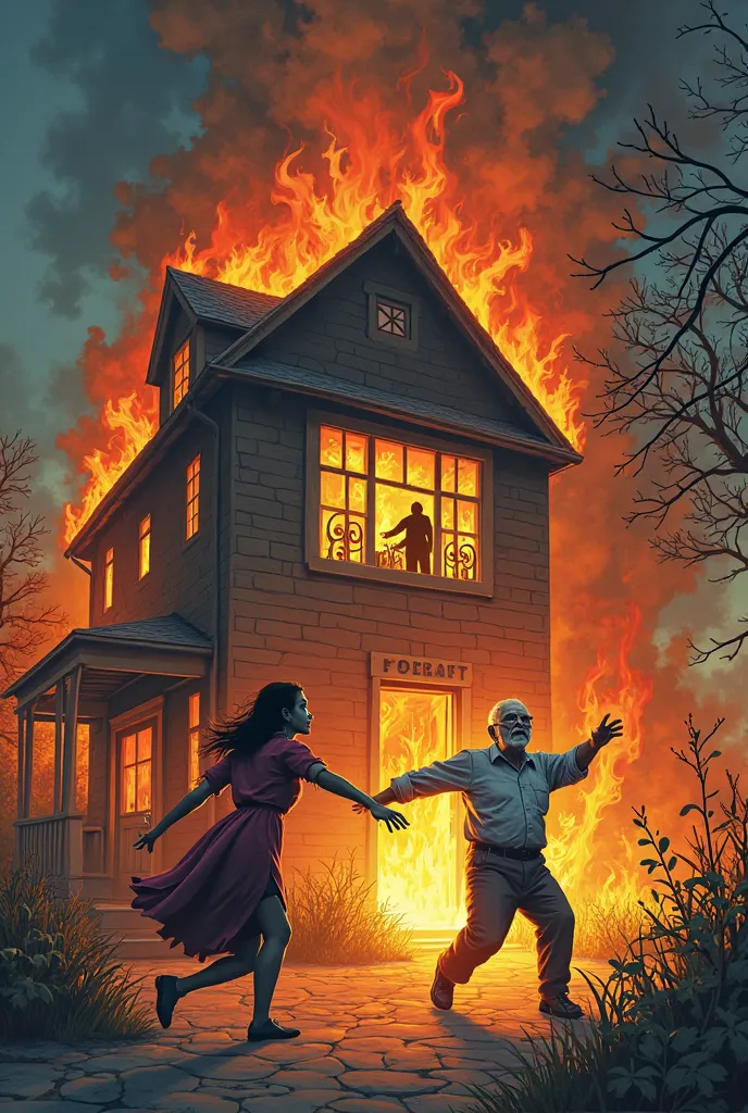 cartoon drawing of a house on fire with a woman trying to help the old man can’t get out in the house