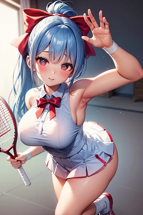 white super micro mini pleated skirt、 blue hair ponytail、red ribbon、Big Breasts、blush、Poses waving a tennis racket、tennis court、The white sleeveless shirt is sheer through、white high socks、can see the inside of the skirt、Gal type、pink string panties、The fa...