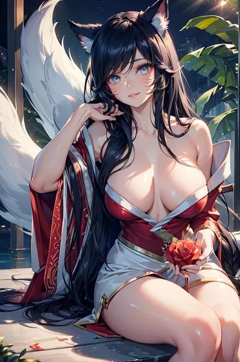 (best quality,ultra-detailed,realistic:1.37),Ahri,spa,luxurious,relaxing atmosphere,beautiful detailed eyes,beautiful detailed lips,smiling,bathrobe,sitting upright,black hair,nine white tails,peaceful background,portraits,vivid colors,soft lighting,tranqu...