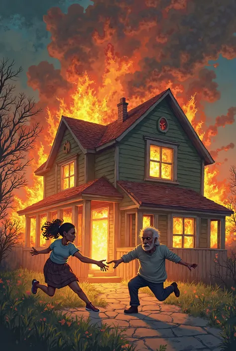 cartoon drawing of a house on fire with a woman trying to help the old man can’t get out in the house