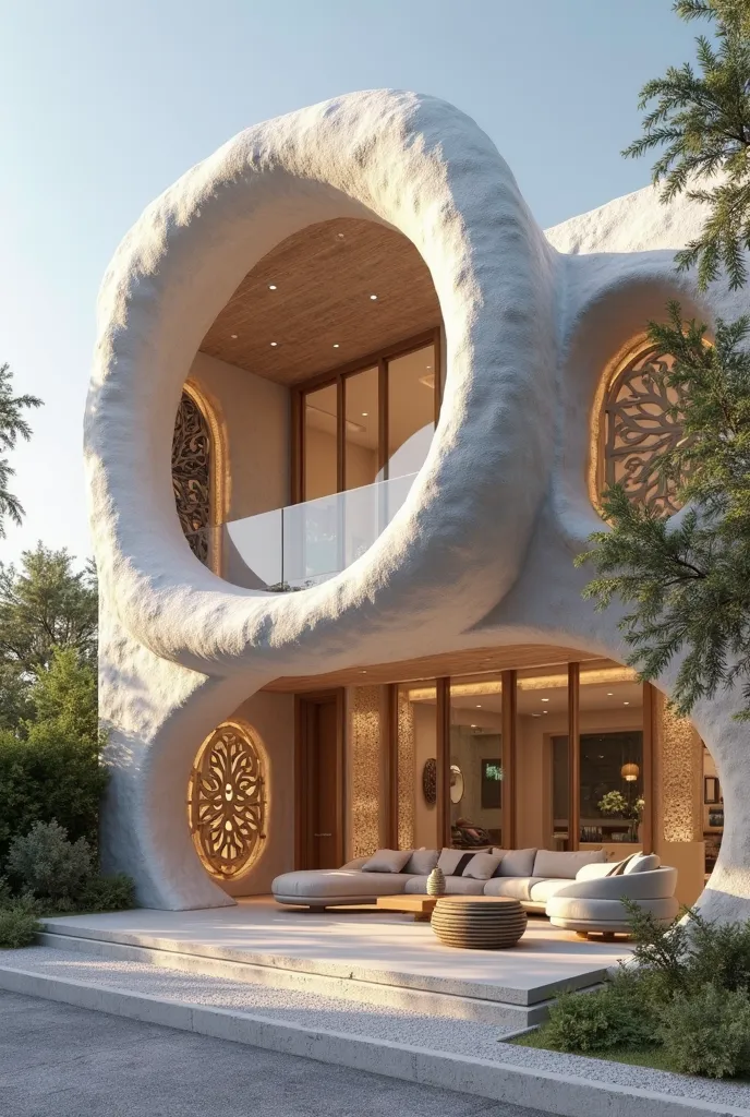 Futuristic , stains  to room   ,use  CLAY ADHESIVE on  facades. The design includes  decorative printed design and circle facade stylish leading to a decorative living room. The architectural style is contemporary with unique design elements. precise archi...