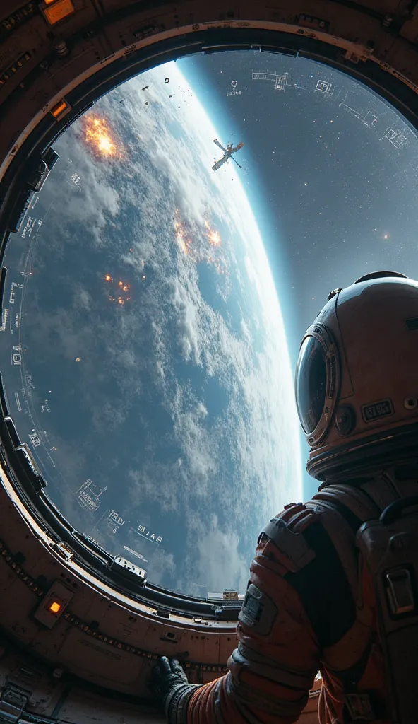 First-person view from inside an astronaut's helmet looking at Earth through the ship's window. The planet is devastated, with gigantic storms, fires and dark areas where there is no electricity left. Small satellite debris floats through space. The subtle...