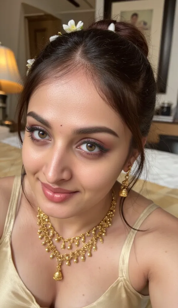 "Create a realistic 8k image of extreme closeup of naked traditional Indian selfie, flowing satin dress lies on a soft, luxurious bed, She is adorned with traditional gold jewelry, including a necklace with pendants and matching earrings, hairy armpits, an...