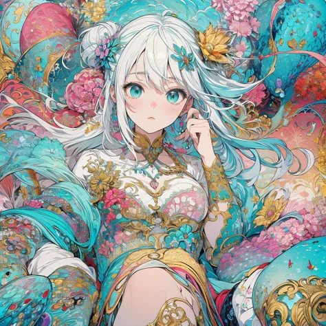 masterpiece, best quality, high quality, detailed, ultra detailed, hyper detailed, insanely detailed, exquisite, beautiful, Full-HD, 16K, highres, absurdres, fairy, a creature, memphis pattern, two side up, aqua hair, white hair, colored inner hair, aqua e...