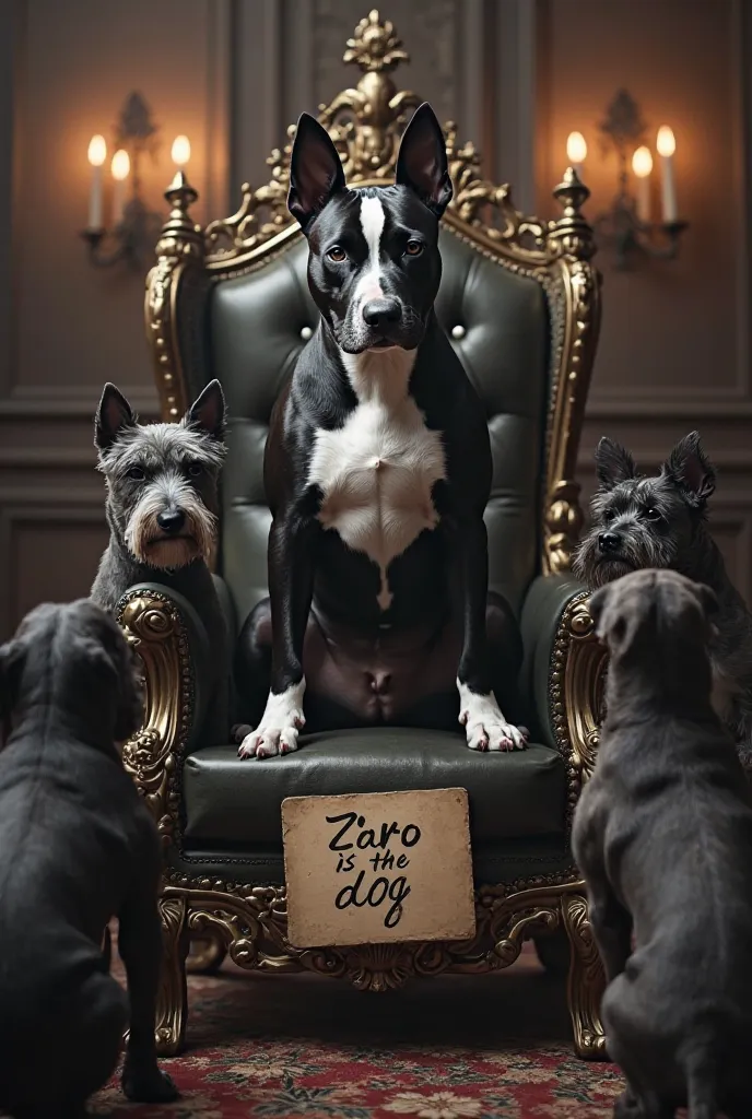 Black and white bull terrier sitting on a throne,dogs with a sign that says Ñaro is the dog,being adored by Schnauzer.