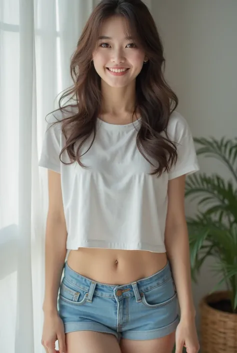 Hyper realistic and detailed full body photo one smiling beautiful korean cute age girl sizzles in tight blue cotton shorts and a short t-shirt transparent nipple, (underboob). Outside. Perfect boobs. Perfect face. Sharp light. perfect eyes. (Eye makeup:1....