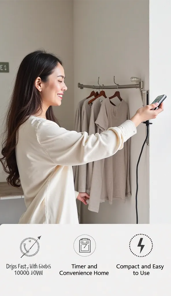 Woman using “Clothes Dryer” with Remote Control!”

Benefits:
 below the image, enter the texts:
“Dries Fast with 600W Power”
“Timer and Convenience in the Home”
“Compact and Easy to Use”
Use a smaller font, but readable, and add simple icons next to each b...