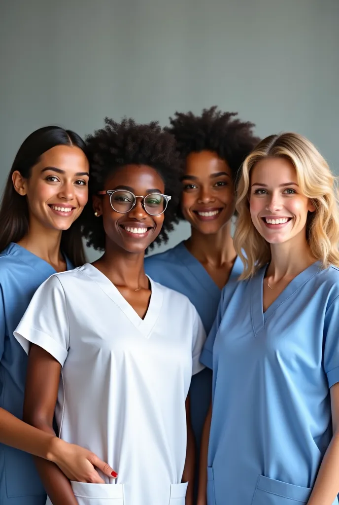 Create an image of 4 nurses. Two of them have straight hair, one of them wears glasses and they are white. The other two are curly, but one of them is a brunette and has short curly hair, while the other is white and has long curly hair. May they all be to...