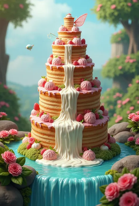 Generate a dessert overflowing with a waterfall with surrounding landscape