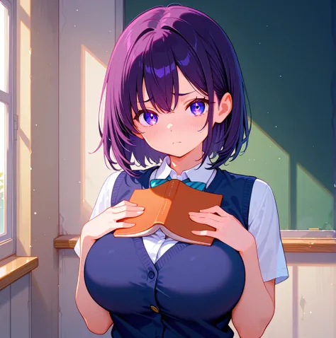 A very attractive girl with big breasts looking like a serious high school girl,  slightly furrowed brow , dark hair, violet eyes,  high school student, holding books against his chest.