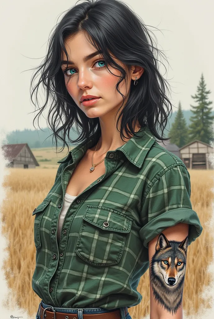 Make me an image of a drawing of a medium-haired farmer, with green plaid blouse, with black hair and with blue eyes, with a wolf tattoo on her arm