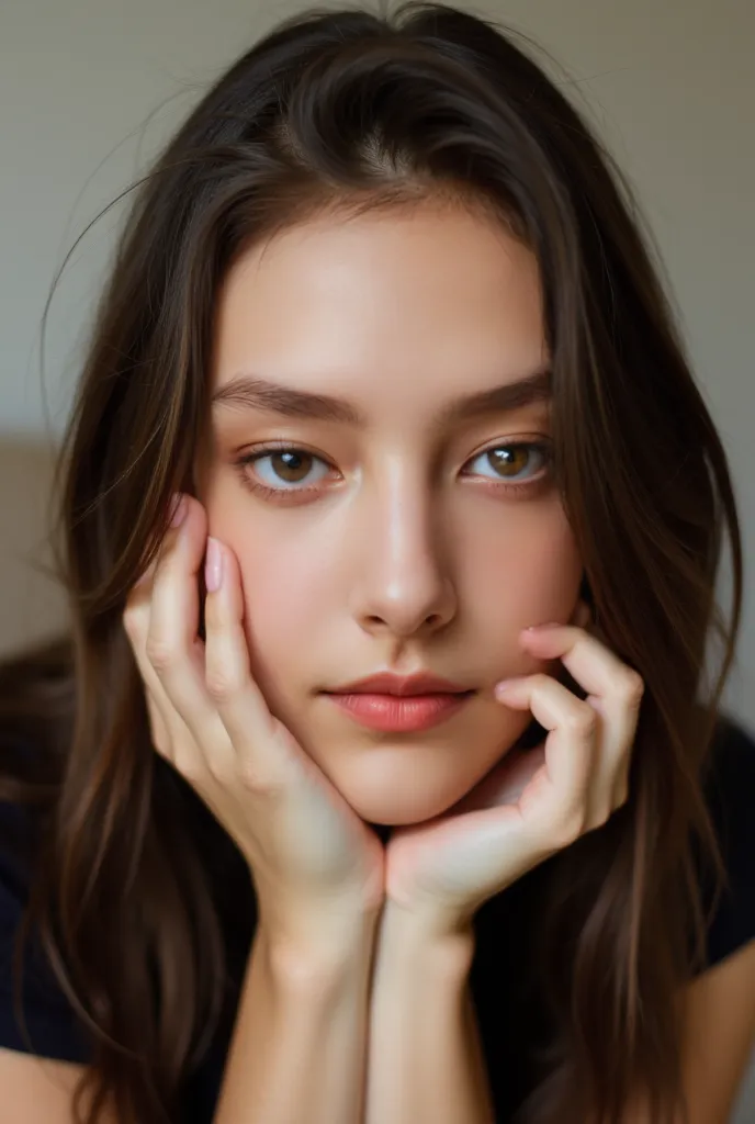 Close-up of a young woman with long, dark brown hair. 


Her face is light-skinned with noticeable makeup: pinkish-brown blush on the cheeks, and a light coral/peach lipstick on her lips.  Her eyes are a light brown color.  Makeup is also subtly visible ar...