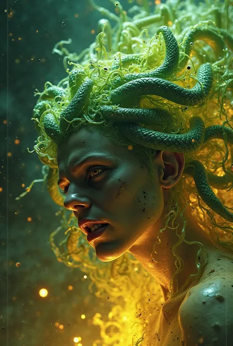 A vast sea of darkness. Medusa's hair is being engulfed in neon yellow-green flames and burning violently. Medusa face close-up.