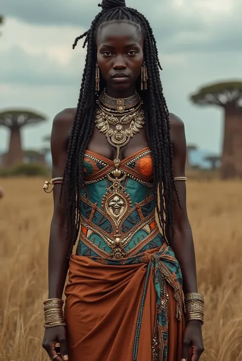 L’image représente une femme à la peau sombre, au regard intense et déterminé. Elle est vêtue d’une tenue guerrière inspirée d’un style tribal africain, avec un corset orné de motifs géométriques et de textures rappelant le cuir et les écailles. Sa jupe, f...