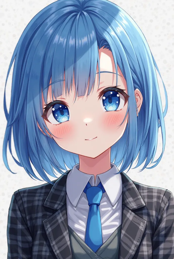 blue hair, side up, blue eyes
blue tie 19 year old girl anime baby face black and gray plaid jacket