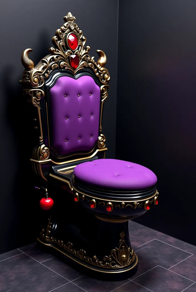 **"A Gothic toilet inspired by the Evil Queen, with black porcelain and baroque gold details. The backrest is shaped like a crown with red gems, and the seat is made of purple velvet. The lever is a poisoned red apple. Dim lighting and mysterious atmospher...