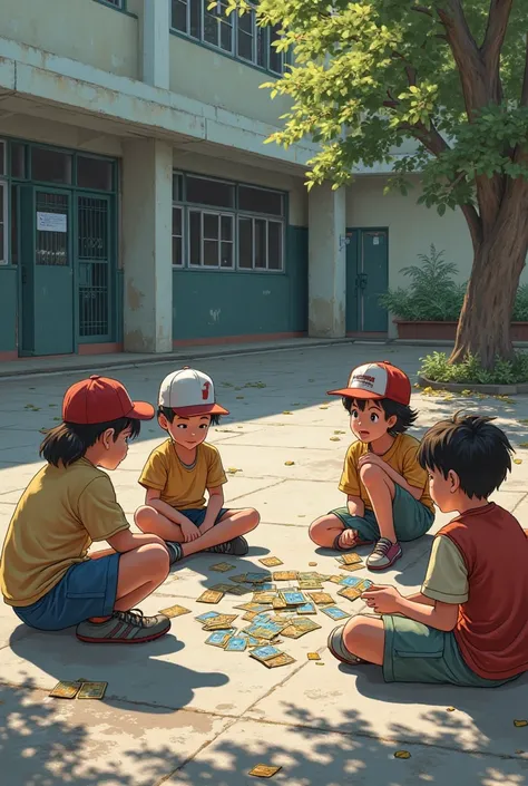 A nostalgic scene from the 2000s in the first person, in the schoolyard during recess, where a group of ren are exchanging and playing Pokémon cards on the floor.The courtyard has a weathered concrete floor, with some scattered leaves and soft shadows of s...