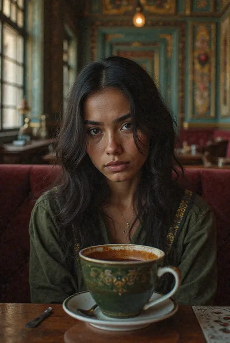 A crying woman with Andean features in a Victorian-style canteen 