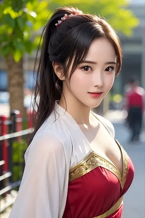 The upper body of a female warrior wearing red and gold armor and cloak, 1 person, cute ponytail ,Age 30, (((Real Face))), slightly larger breasts and cleavage, reveal their cleavage,Scary face,  very fine face and skin texture , is staring at the camera, ...