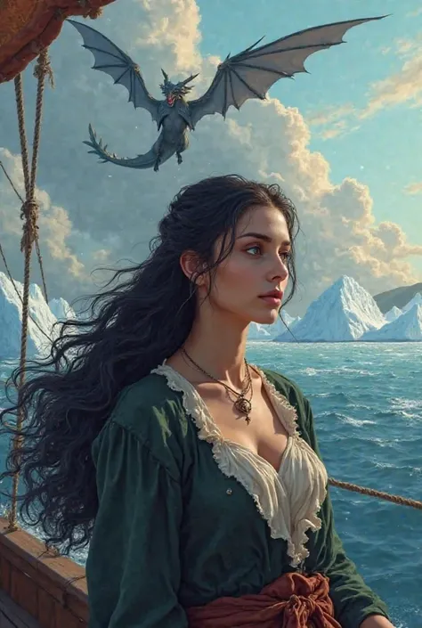 Une jeune femme européene, aux cheveux long et noir. Elle est capitaine d'un bateau pirate, sur lequel elle se trouve. En arrière plan, on peut voir une météo glaciale et des aurores boréales. Dans le ciel, on voit aussi un dragon qui vole 