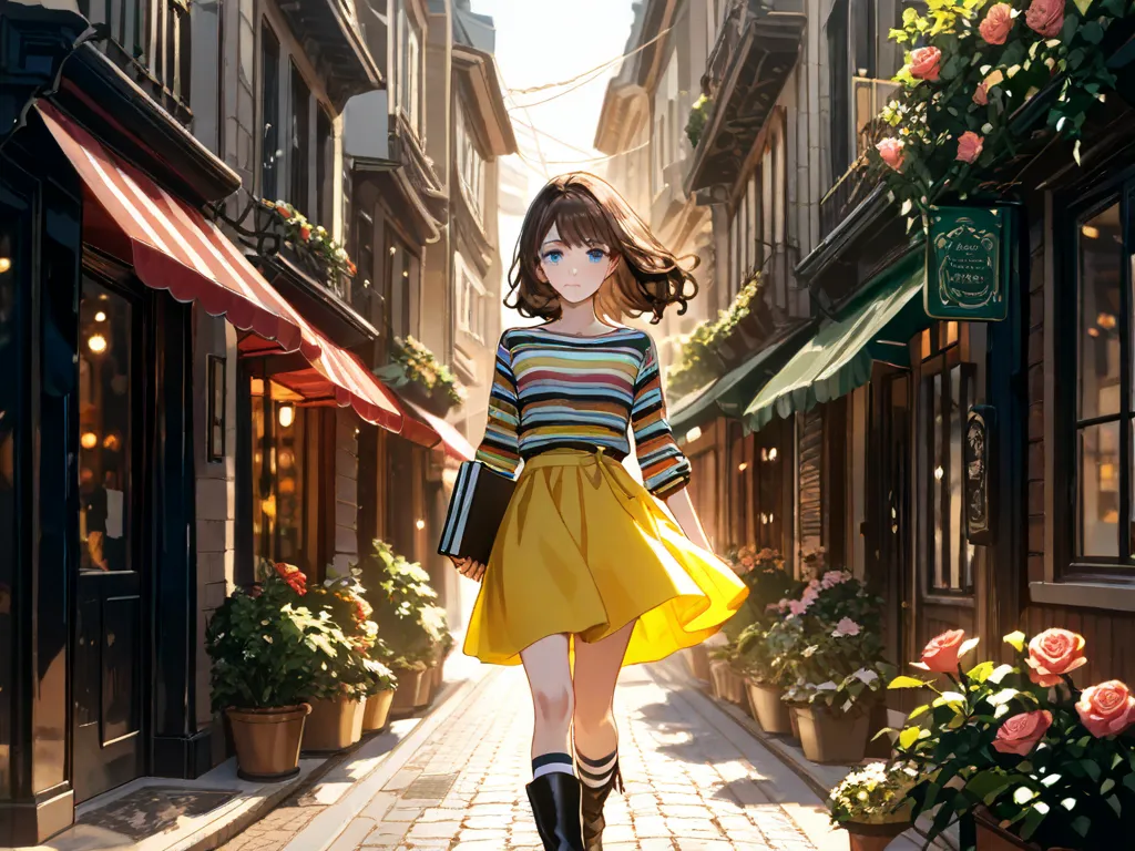 a  girl;  wavy dark brown hair ; blue eyes; fair skin; a colorful striped shirt; yellow skirt; white and black striped socks; black boots; walking on the streets of Tokyo holding a black book with a rose cover