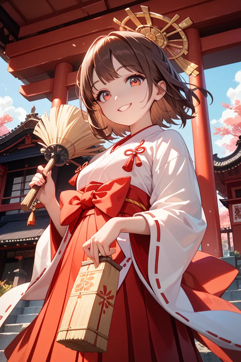 masterpiece, best quality, insanely detailed, exquisite, beautiful, looking at viewer, 1 girl, miko, shrine, sunshine, holding a broom in hand, brown hair, red eye, low angle, happy, glad, cute face, golden ratio, kawaii