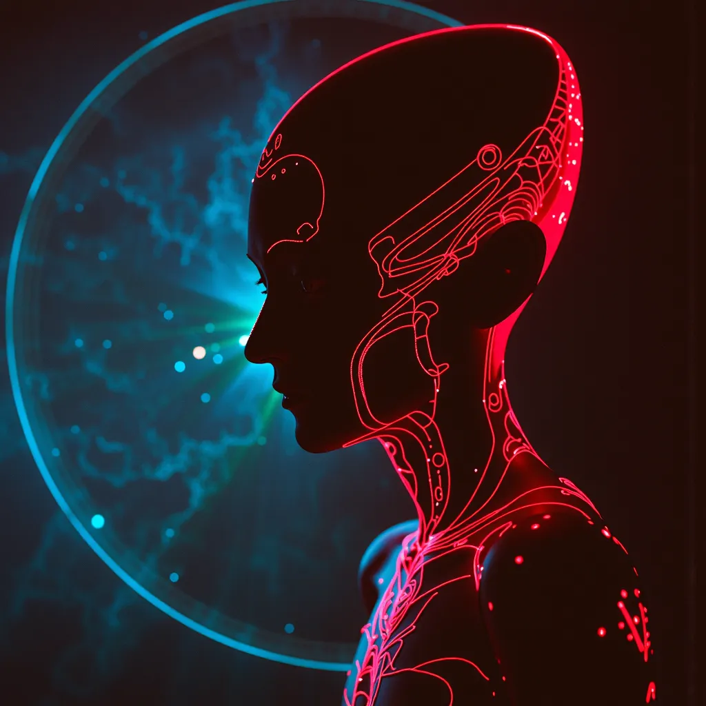 Astral, alien, aura, logo, interplanetary life, 4k, ultra realistic, profile, side angle, cinema, red lighting, aura outlining the body