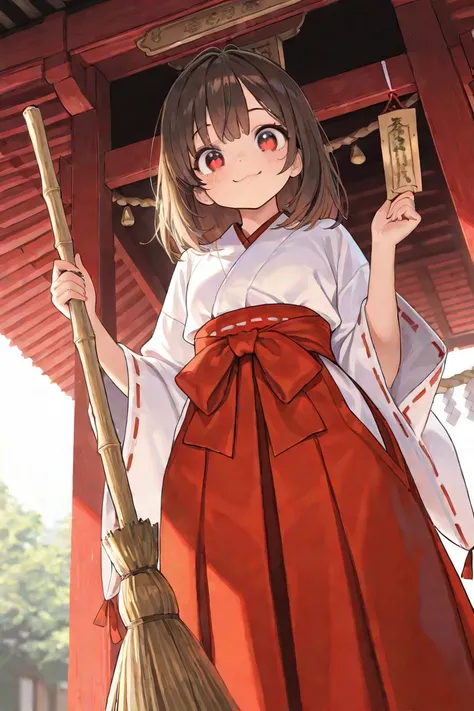 masterpiece, best quality, insanely detailed, exquisite, beautiful, looking at viewer, 1 girl, miko, shrine, sunshine, holding a broom in hand, brown hair, red eye, low angle, happy, glad, cute face, golden ratio, kawaii