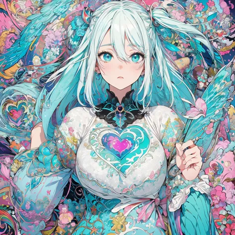 fairy, creature, memphis pattern, two side up, aqua hair, white hair, colored inner hair, aqua eyes, cute, retro, anime poster, heart shape, rainbow gradient, high quality, detailed, Full-HD, 16K, highres, absurdres, exquisite, beautiful, ultra detailed, h...