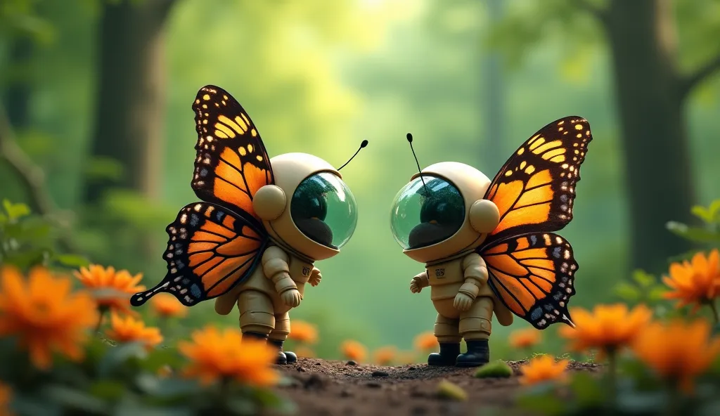 2 butterfly's in forest green forest , one is left looking at other who is right , they are facing each other , forest is amazing ,green , with a lot of flowers , they are wearing little astronaut helmets 