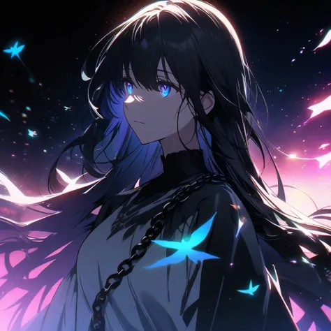 Anime man whose body is completely black, only her eyes glow with white effects, and a Falling stars background with lots of gradient neon effects and a fluttering black chain, in addition, she sees from afar, and her hair flutters in 4k when changing shad...