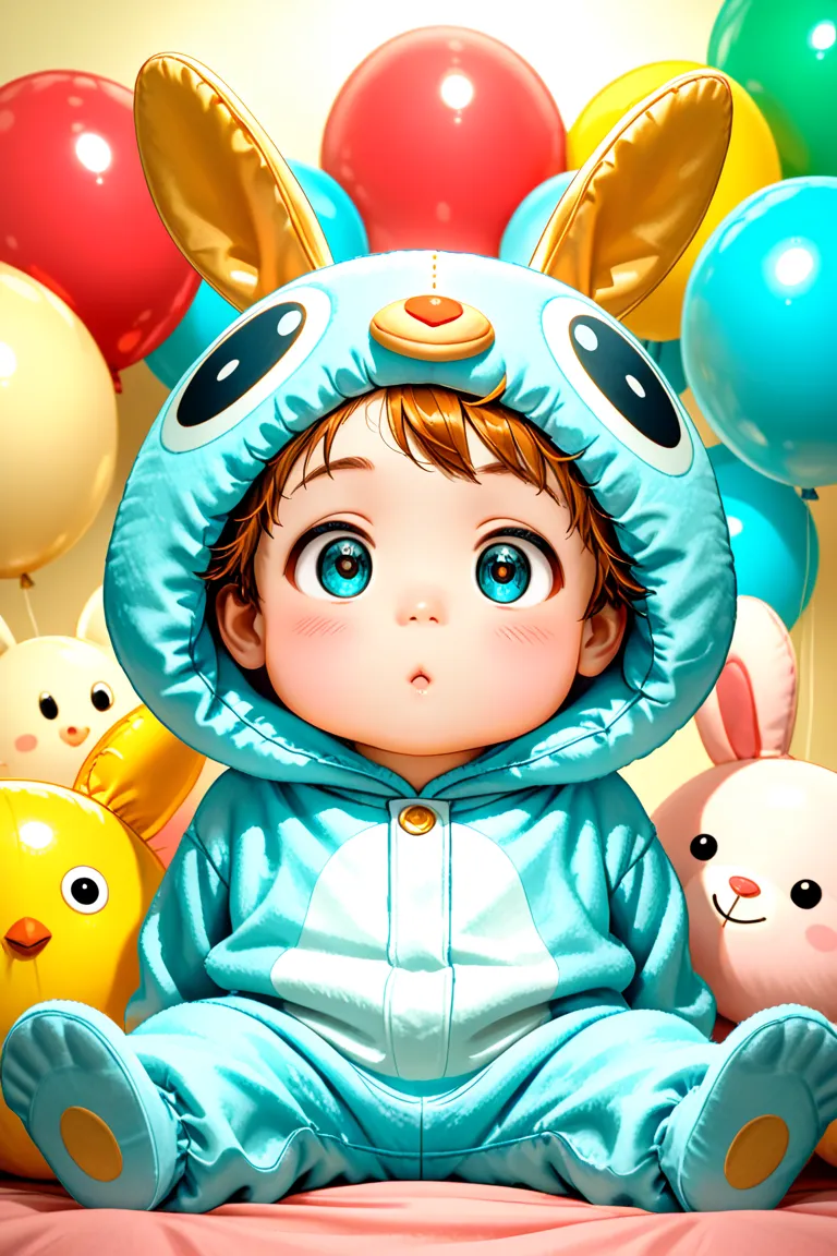 A nine month old baby boy wearing sky blue clothes sitting in bed surrounded by colorful balloons and holding a balloon forming the number nine 