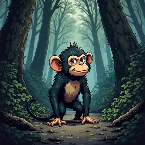 A monkey standing in front of a ready by one in a dark and mysterious forest." In comic book style 
